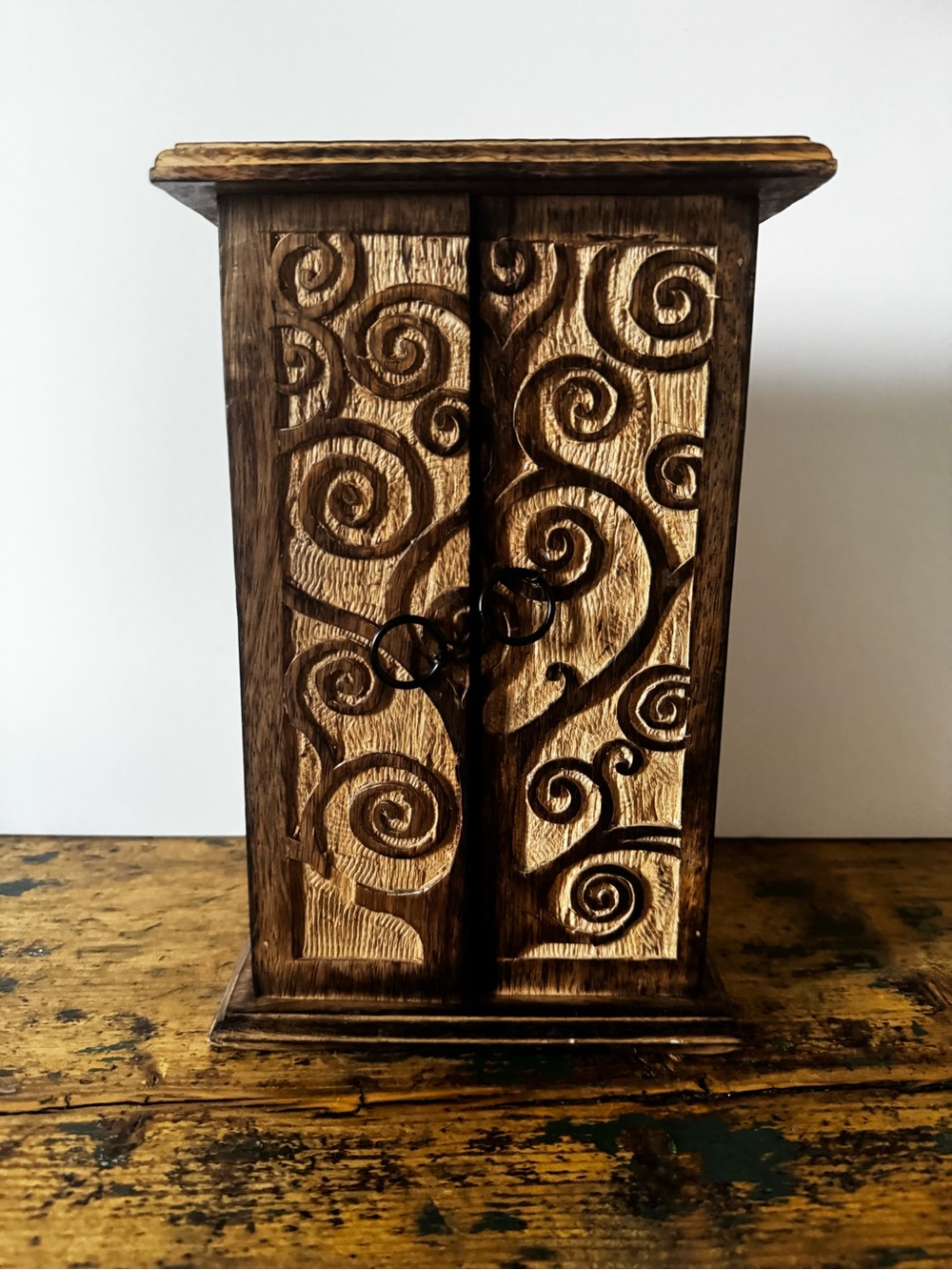 Hand-Carved Wooden Cabinet Box in Brown